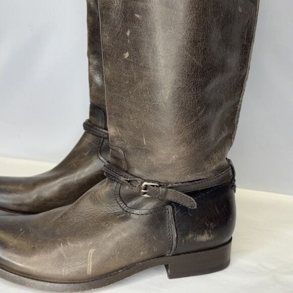 Frye Knee High Riding Boots Womens Size 7 Brown Leather Distressed Biker Pull On - Picture 3 of 13